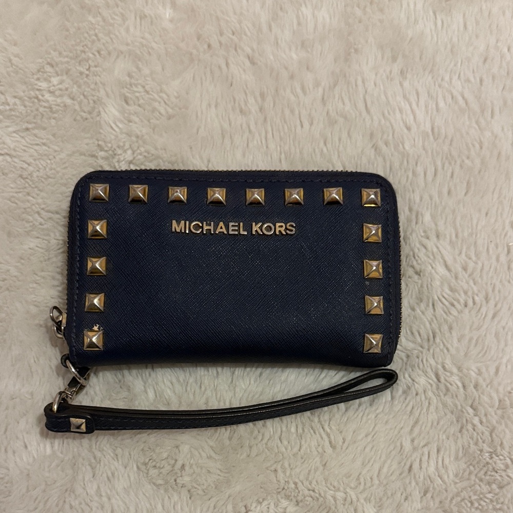 Michael Kors Dark Blue Wristlet Wallet with Gold Accents